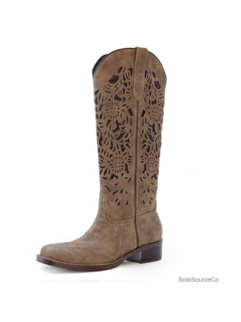 Womens Cowboy Boots Cut Out Floral Embroidered Cowgirl Boots Low Block Heel